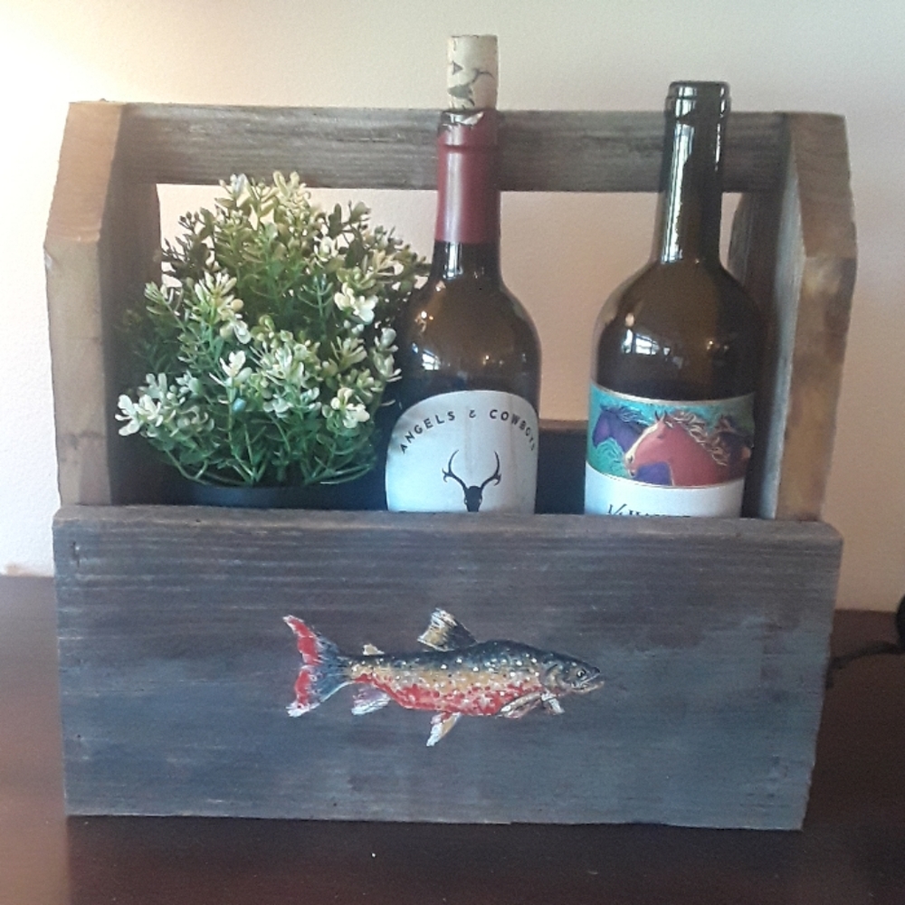 Old Barnwood Caddy with Handpainted Fish